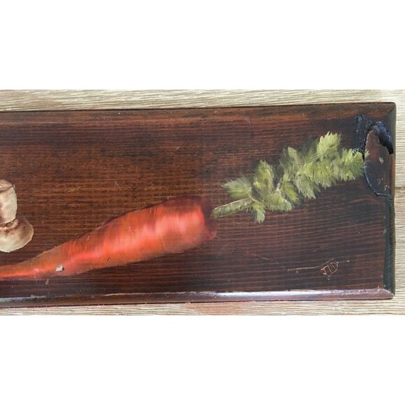 Primitive Wood Plaque Rustic Kitchen Hand Painted Carrot Mushroom Onion Signed - Picture 3 of 8